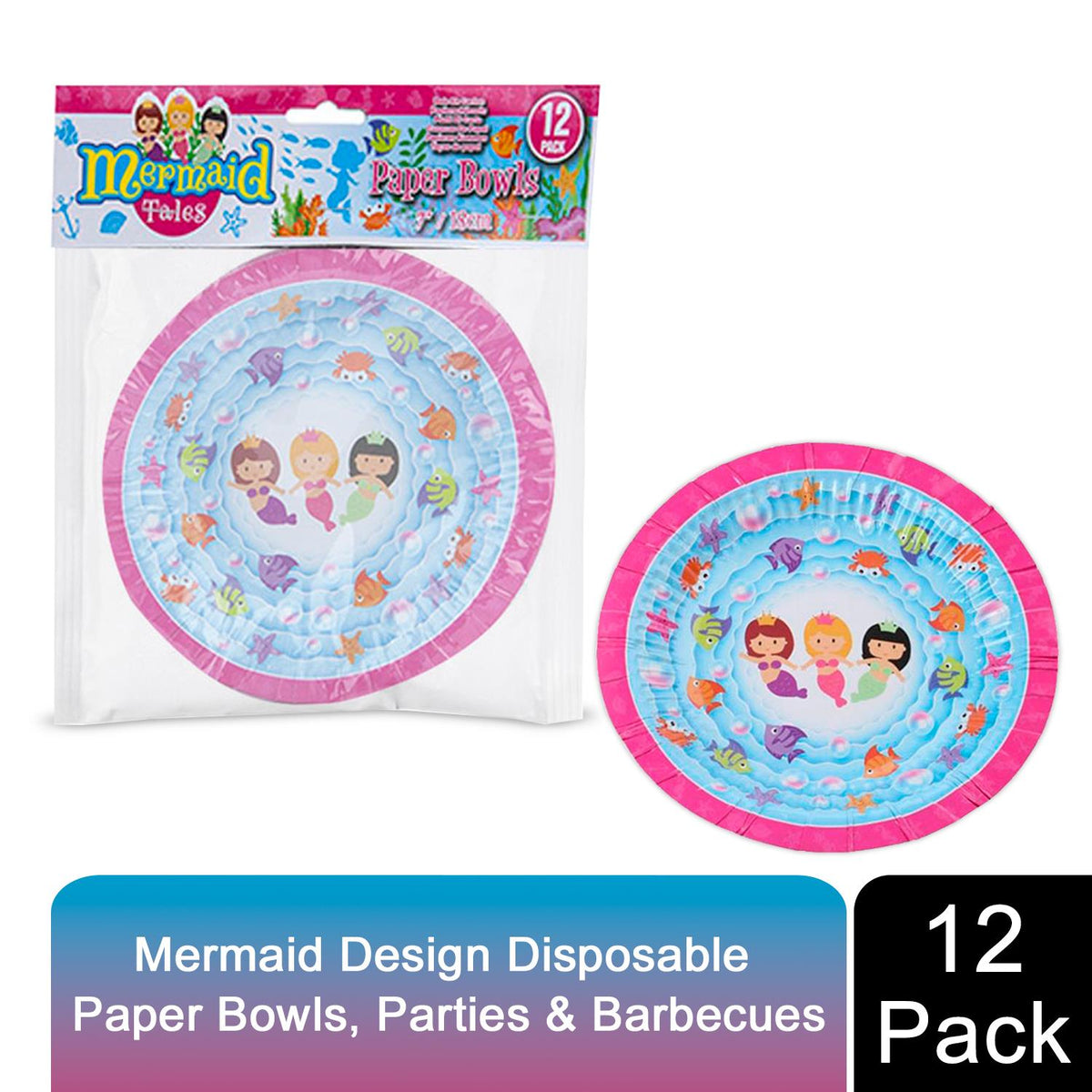 Aquarius Mermaid Design 7 Inch Disposable Paper Bowls, Pack of 12 – Children's Party, Picnic & BBQ Tableware