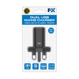 FX Dual UK Mains Charger with USB-C and USB-A Ports – Compact 2-Port Travel Wall Plug, White