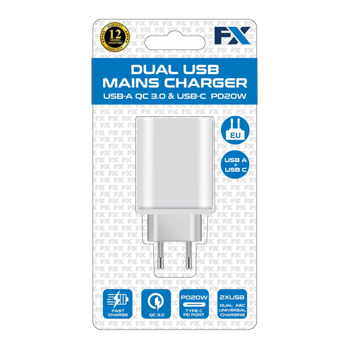 FX Dual EU Mains Charger with USB-C and USB-A Ports – Compact 2-Port Travel Plug, White