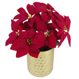 Artificial Red Poinsettia 40cm with Gold Honeycomb Metal Planter – Christmas Houseplant Decoration