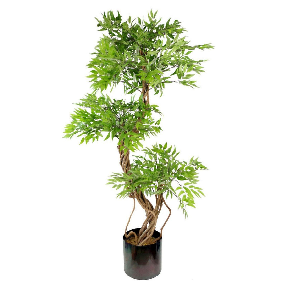 Leaf 140cm Realistic Artificial Japanese Fruticosa Ficus Tree with Rainbow Metal Planter – Natural Wood Trunk, Green