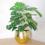 Leaf 60cm Artificial Monstera Plant with Hammered Brass Finish Metal Planter – Faux Plant & Planter Bundle