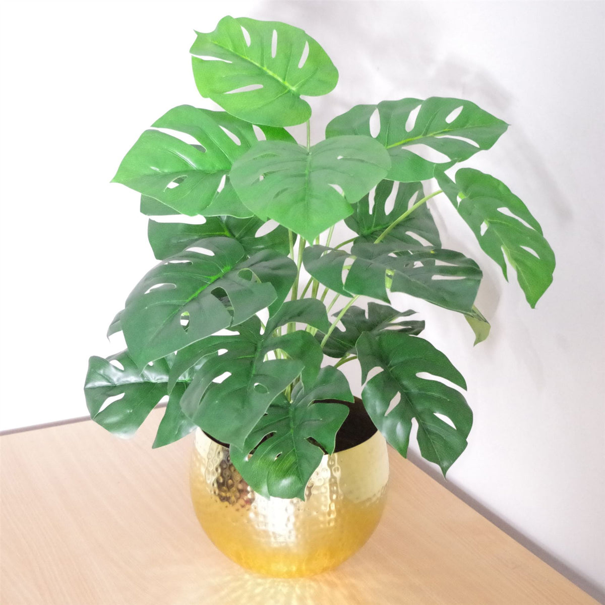 Leaf 60cm Artificial Monstera Plant with Hammered Brass Finish Metal Planter – Faux Plant & Planter Bundle