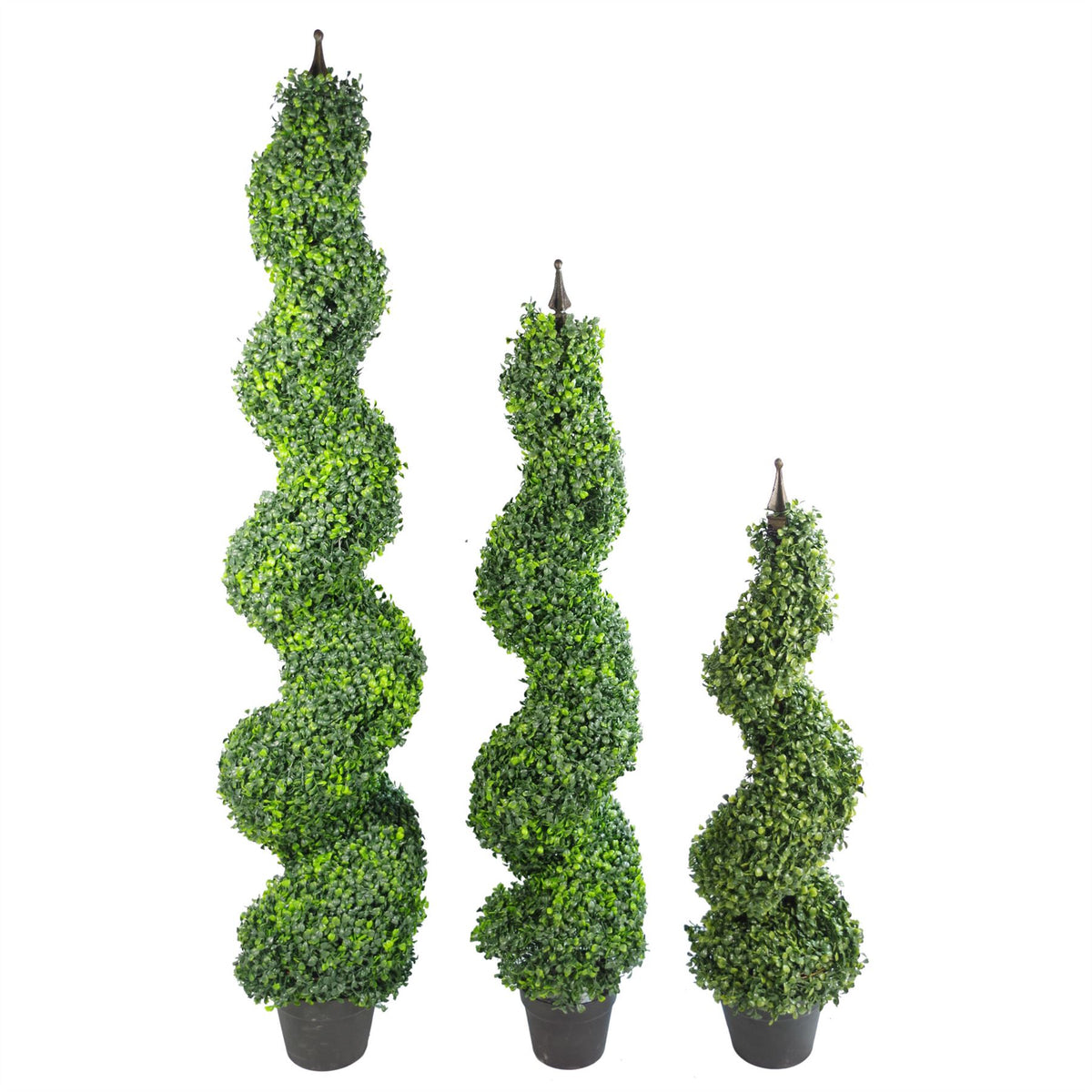 Pair of 120cm Artificial Boxwood Tower Topiary Trees with Spiral Metal Top – Door & Garden Décor