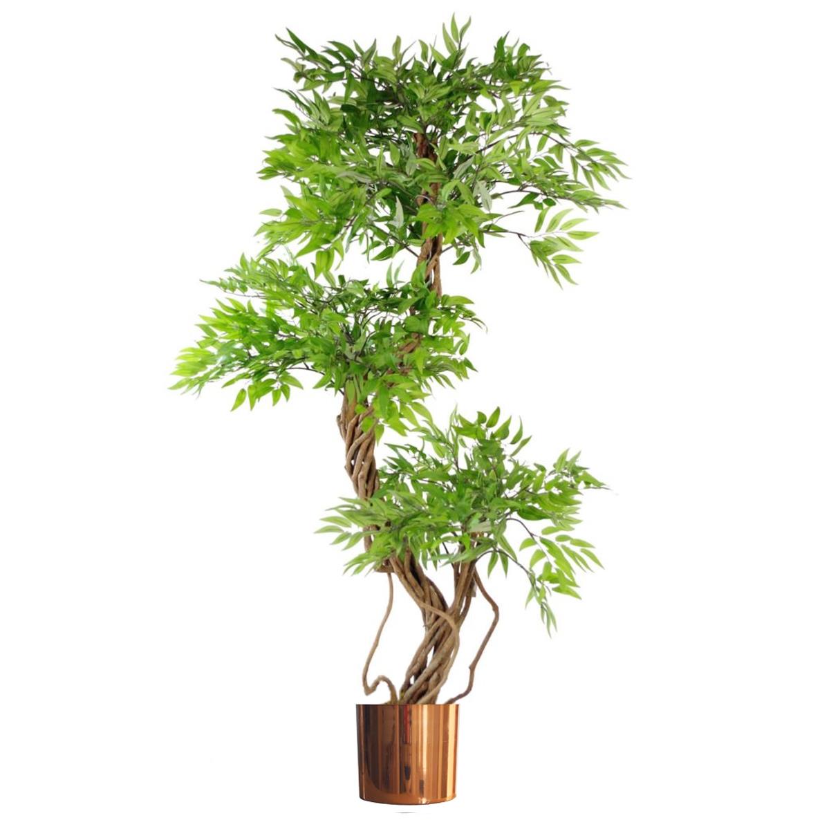 Leaf 140cm Realistic Artificial Japanese Fruticosa Ficus Tree with Copper Metal Planter – Hallway Plant