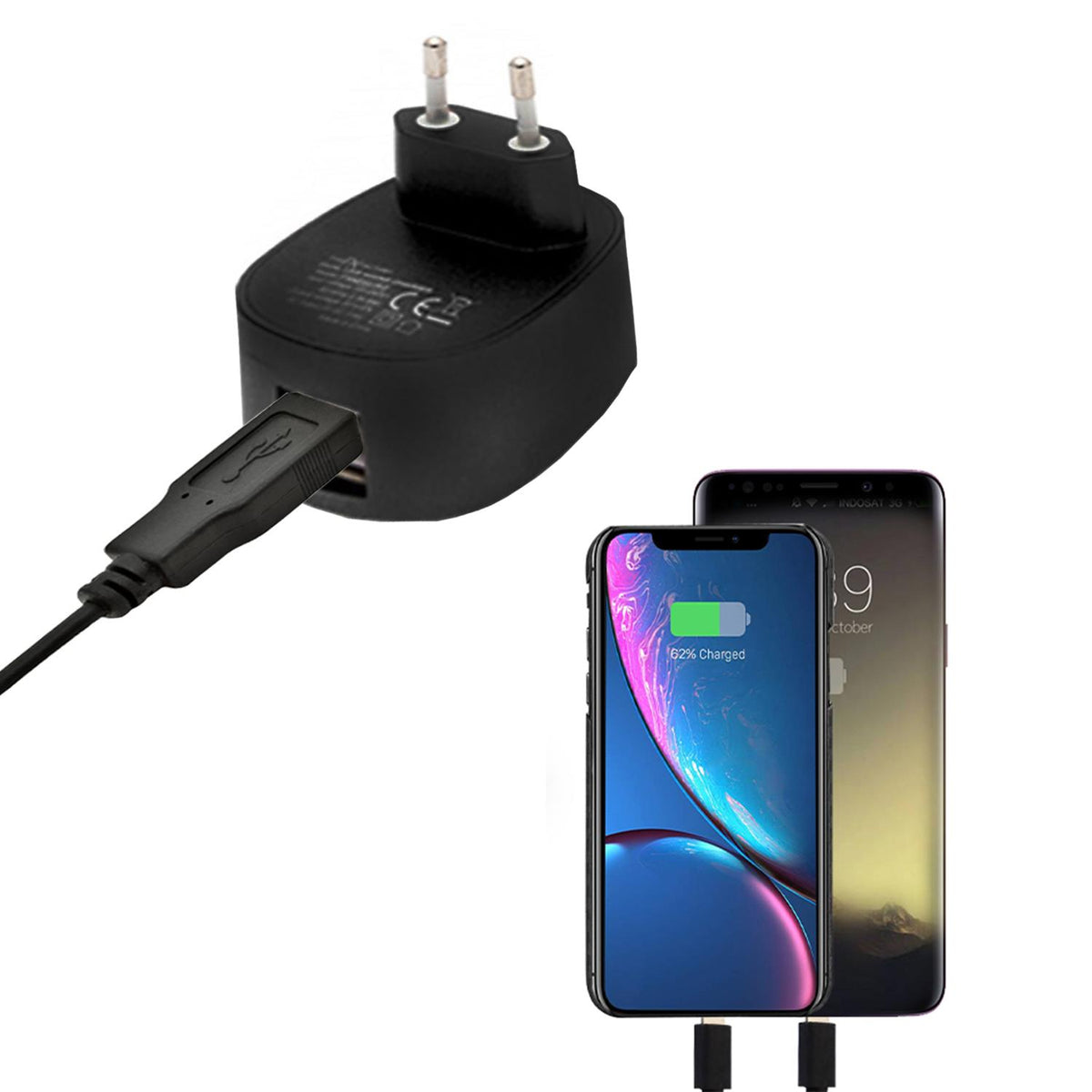 FX Dual USB Mains Charger with 2.4A Fast Charging & LED Light, EU Plug – Charge Two Devices at Once, Black