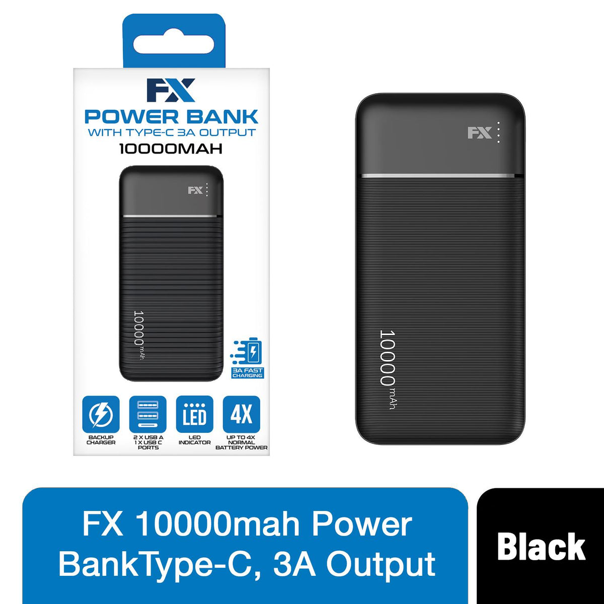 FX 10,000mAh Power Bank with 3A Type-C Output – Portable Charger with 2 USB Ports, LED Indicator, Black