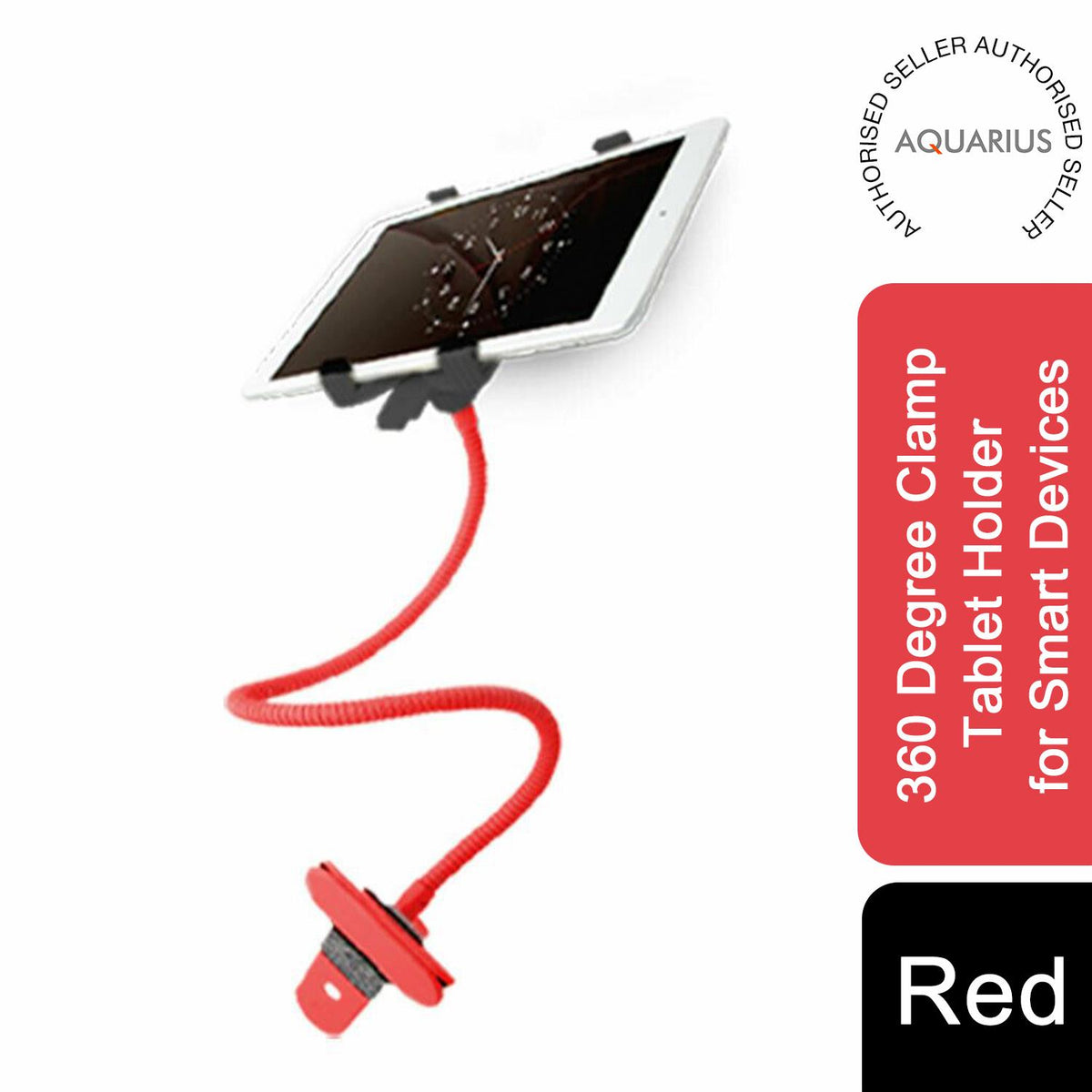 Aquarius 360° Clamp Tablet Holder with Flexible Gooseneck – Desk, Bed & Kitchen Phone Stand, Red