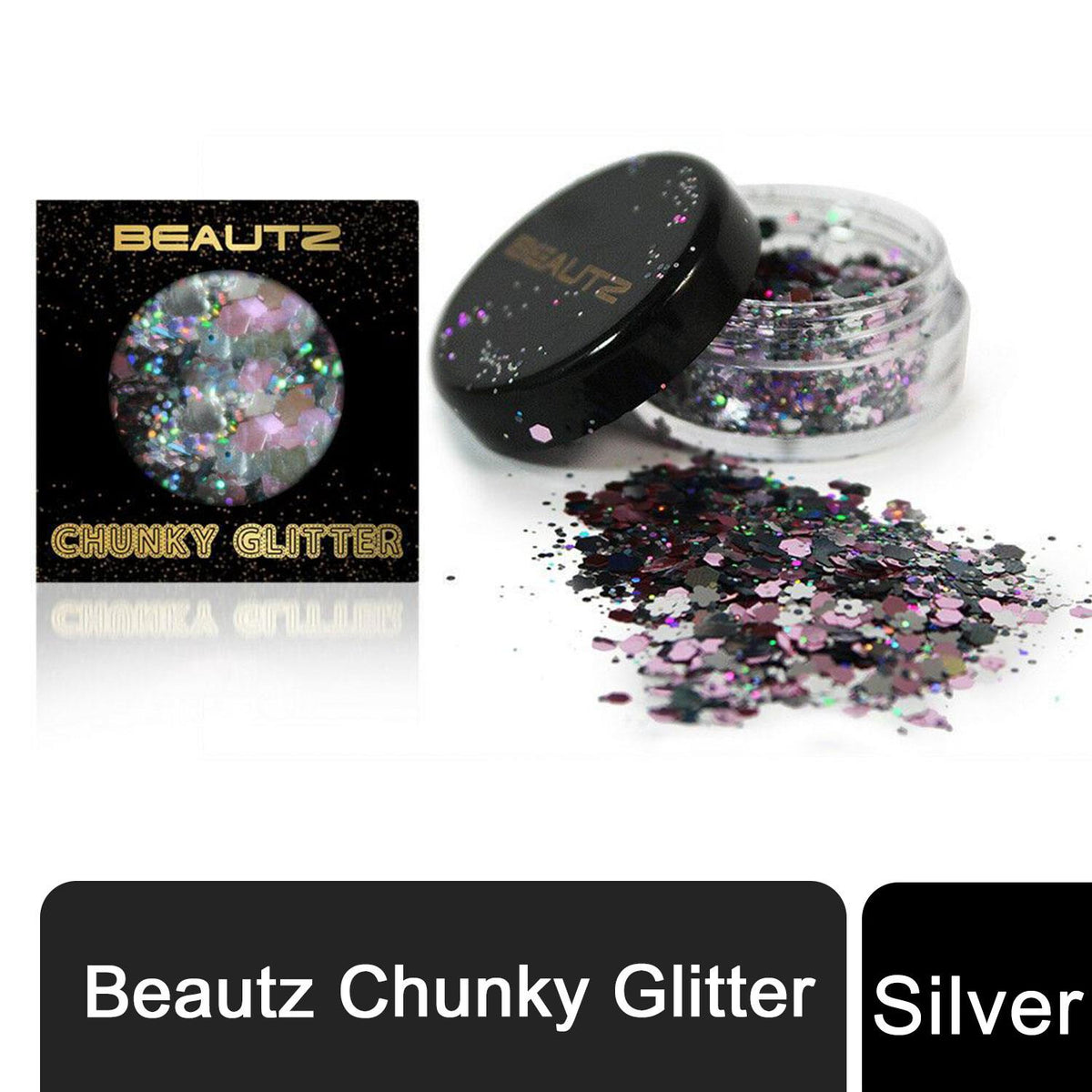 Beautz Chunky Cosmetic Glitter, 10ml Pot with 5g Glitter – Face, Body, Nail Art & Crafts, Silver