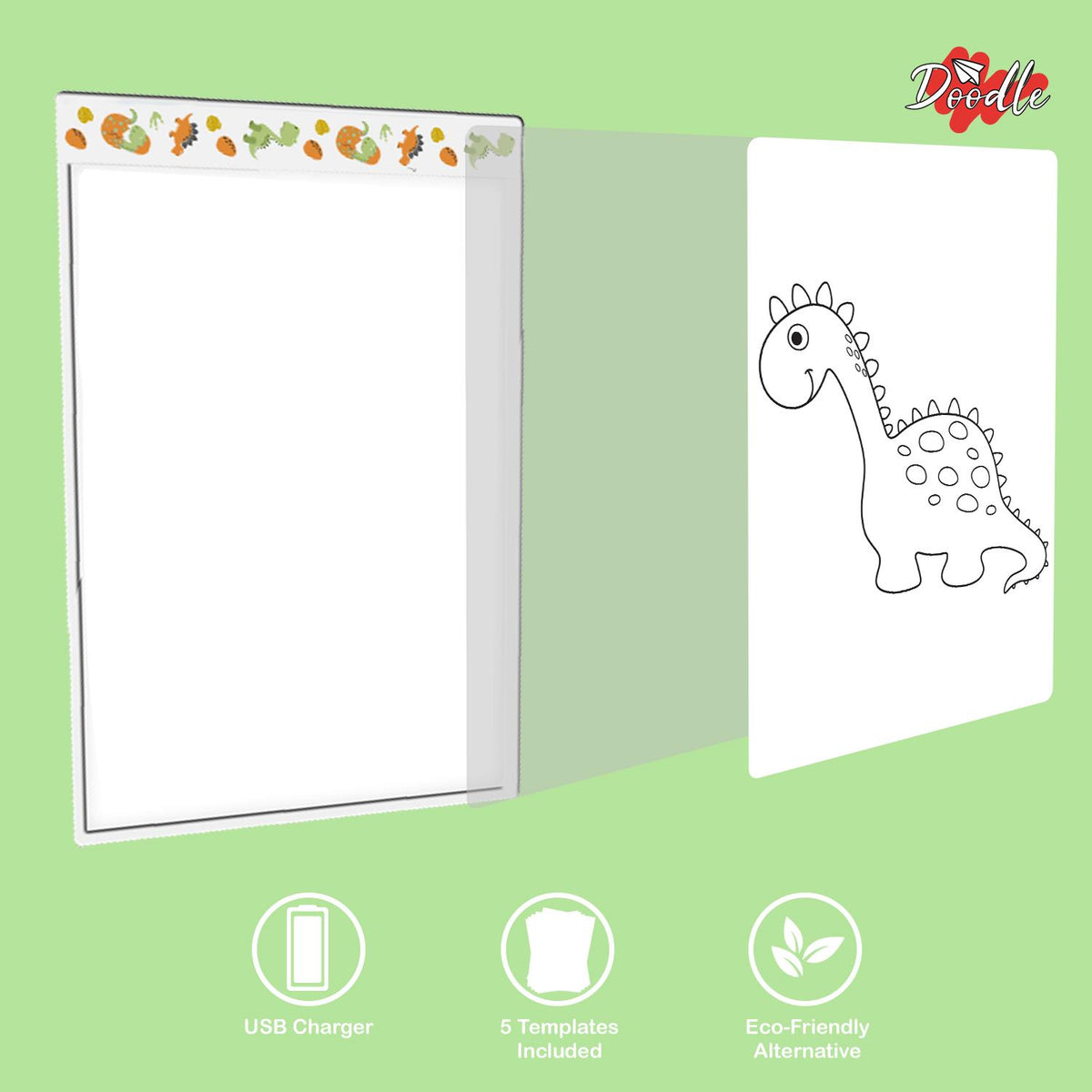 Doodle A4 Ultra-Thin Portable LED Tracing Pad with USB Cable – Dimmable Light Box for Drawing, Dinosaur