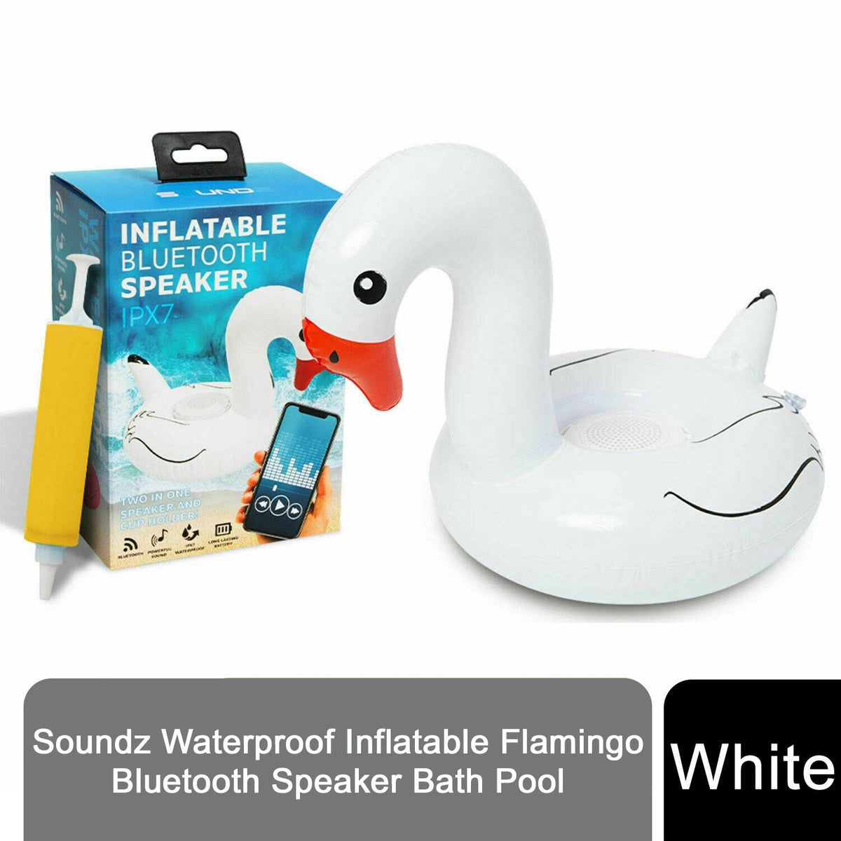 Soundz Waterproof Inflatable Flamingo Bluetooth Speaker – Floating Wireless Speaker for Bath & Pool, White