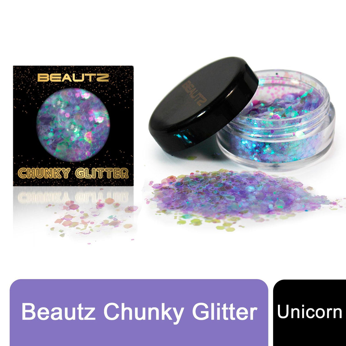 Beautz Chunky Cosmetic Glitter 10ml Pot with 5g Glitter – Nail Art & Body Art, Unicorn