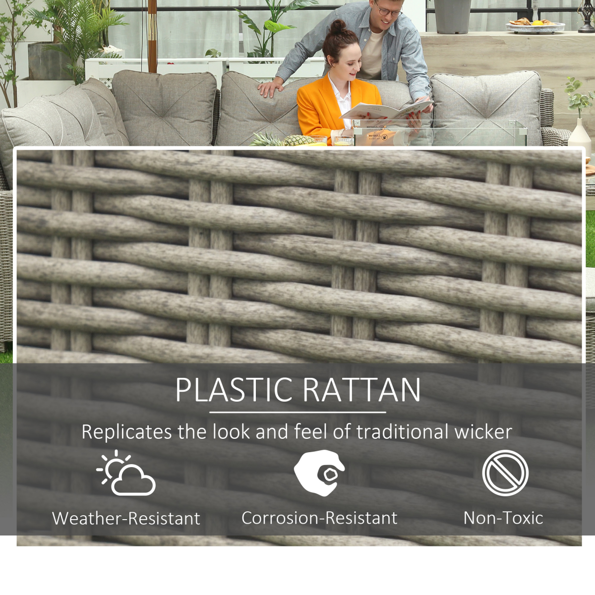Outsunny Rattan Sofa Set fire pit glass wind guard detail