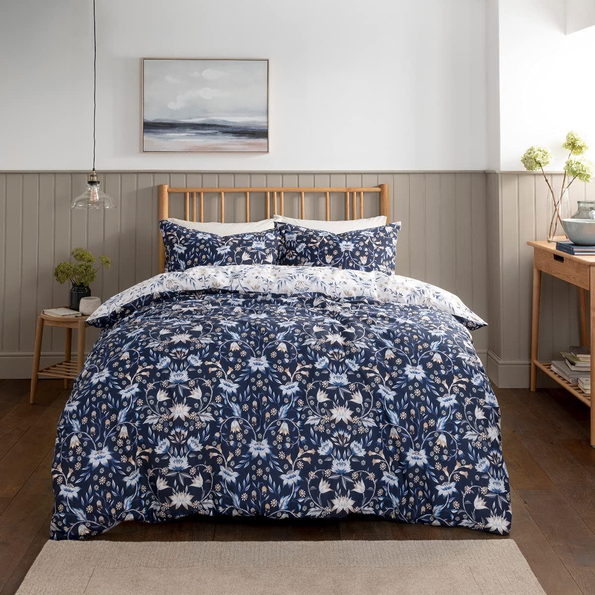 Sleepdown Floral Damask Reversible Double Duvet Cover Set with 2 Pillowcases – Essential Bedding, Blue