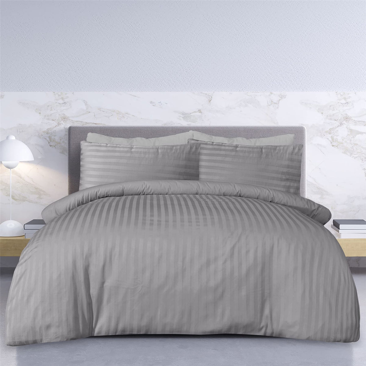 Sleepdown Sateen Stripe Reversible Single Duvet Cover Set with Pillowcase – OEKO-TEX Bedding, Grey
