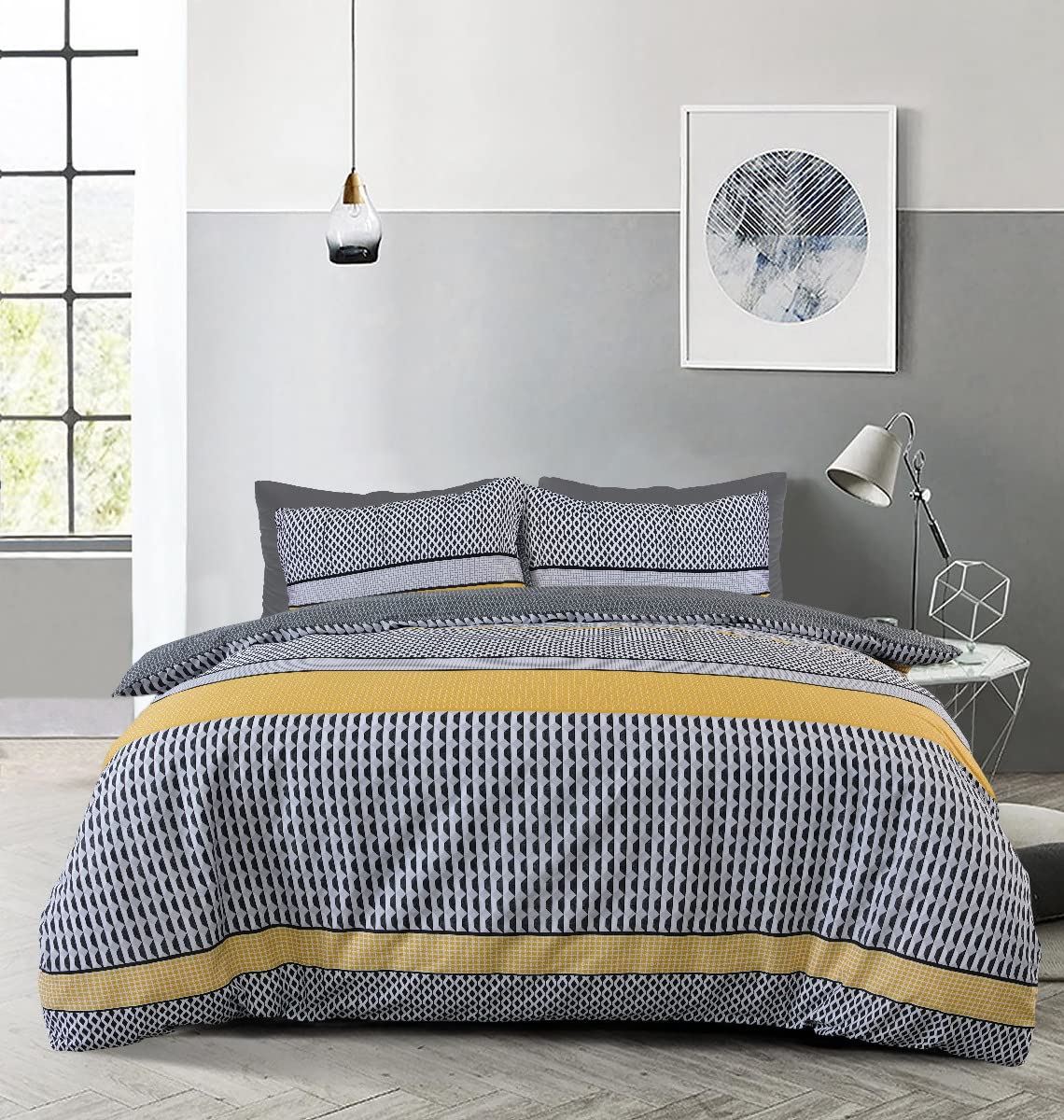 Sleepdown Striped Geometric Reversible Single Duvet Cover Set with Pillowcase – Polycotton Bedding, Mono