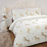 Sleepdown Foil Fleece Unicorn Double Duvet Cover Set with Pillowcases – Flannel Fleece Bedding, Ivory