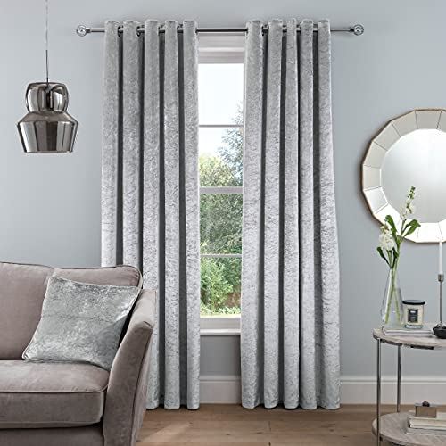 Sleepdown Crushed Velvet Eyelet Curtains, 46 x 54in – Luxury Shimmer Window Drapes, Silver