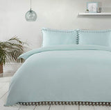 Sleepdown Pom Pom Duvet Cover Set with Matching Pillowcase – Textured Plain Bedding, Duck Egg