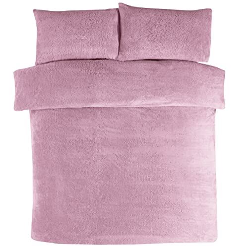 Sleepdown Teddy Fleece Duvet Cover Set with Matching Pillowcase, Single – Cosy Bedding, Mauve