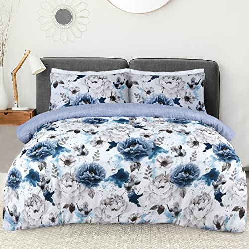 Sleepdown Inky Floral Duvet Cover Set with Matching Pillowcase(s) – Polycotton Bedding, Blue