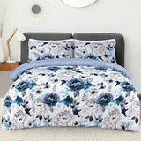 Sleepdown Inky Floral Duvet Cover Set with Matching Pillowcase(s) – Polycotton Bedding, Blue