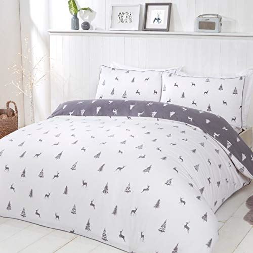 Sleepdown Ditsy Stags & Trees Reversible Duvet Cover Set with Pillowcases – Brushed Cotton Bedding, Grey