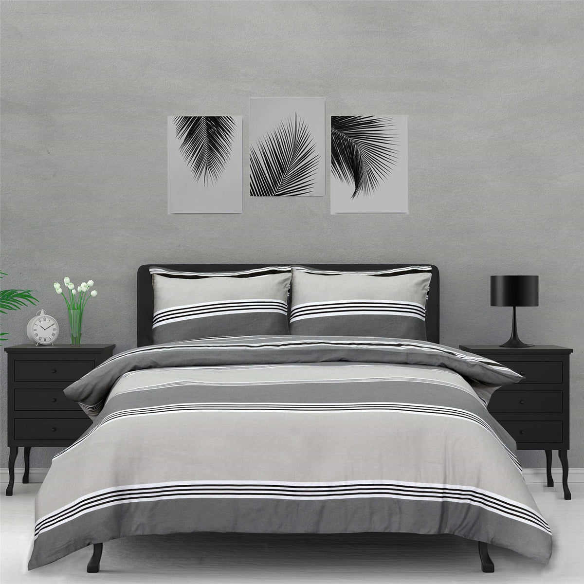 Sleepdown Banded Stripe Reversible Polycotton Duvet Cover Set with Pillowcases – Modern Bedding, Grey