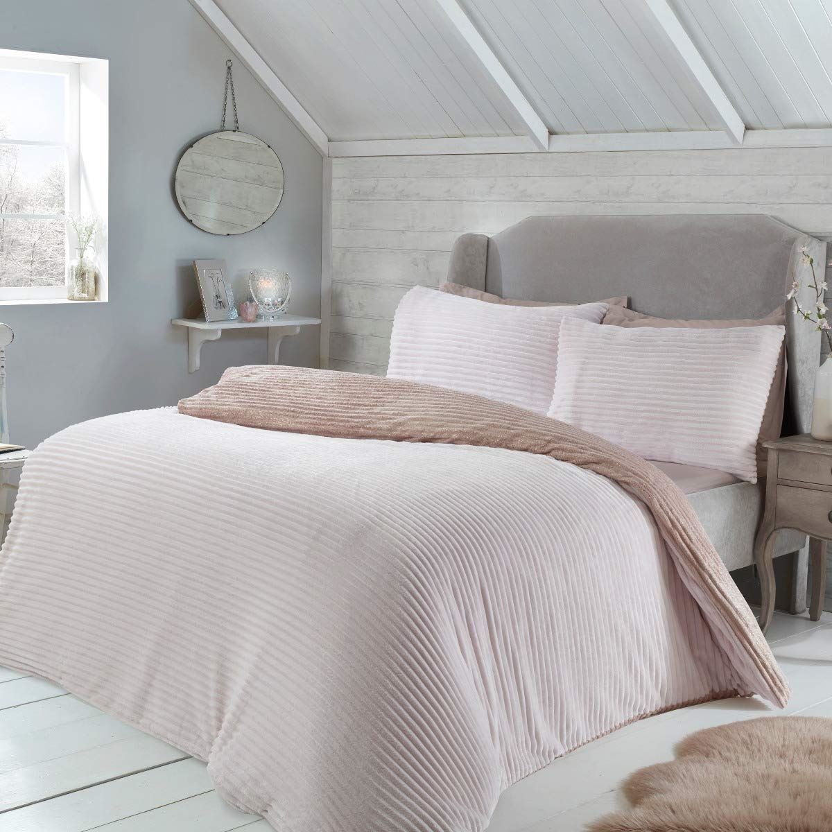 Sleepdown Ribbed Teddy Fleece Reversible Duvet Cover Set with Pillowcases – Cosy Winter Bedding, Blush