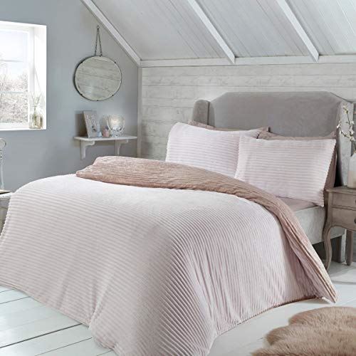 Sleepdown Ribbed Teddy Fleece Reversible Duvet Cover Set with Pillowcases – Cosy Winter Bedding, Blush