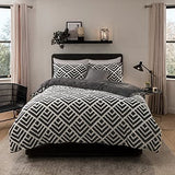 Sleepdown Geometric Jacquard Fleece Duvet Cover Set with 2 Pillowcases – Modern Bedding, Charcoal, Double