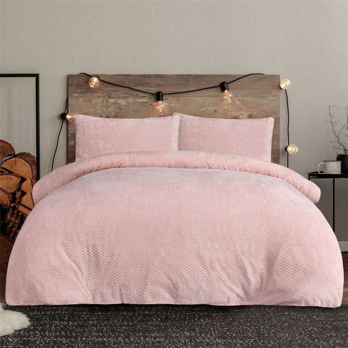 Sleepdown Waffle Teddy Fleece Reversible Duvet Cover Set with Pillowcases – Soft Warm Bedding, Blush, Single