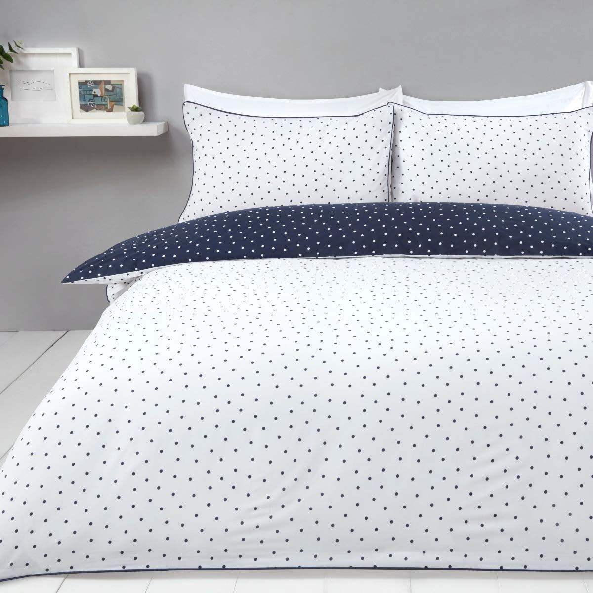 Sleepdown Mini Polka Dots Reversible Polycotton Duvet Cover Set – Easy-Care All-Season Bedding, Navy, Single
