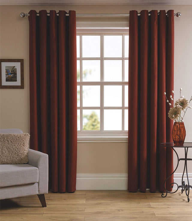 Red herringbone lined eyelet curtains