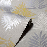 Arthouse Linen Palm Wallpaper, Ochre, Silver & Grey – Leaf Design on Linen Effect Background