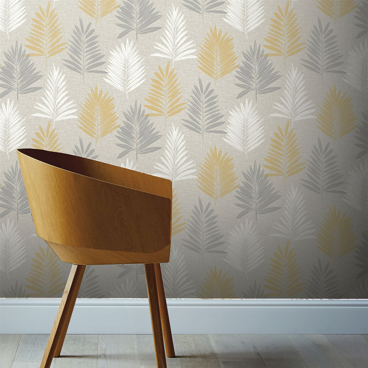 Arthouse Linen Palm Wallpaper, Ochre, Silver & Grey – Leaf Design on Linen Effect Background