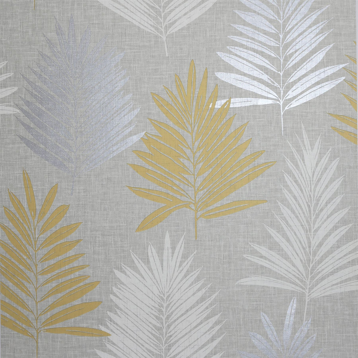 Arthouse Linen Palm Wallpaper, Ochre, Silver & Grey – Leaf Design on Linen Effect Background