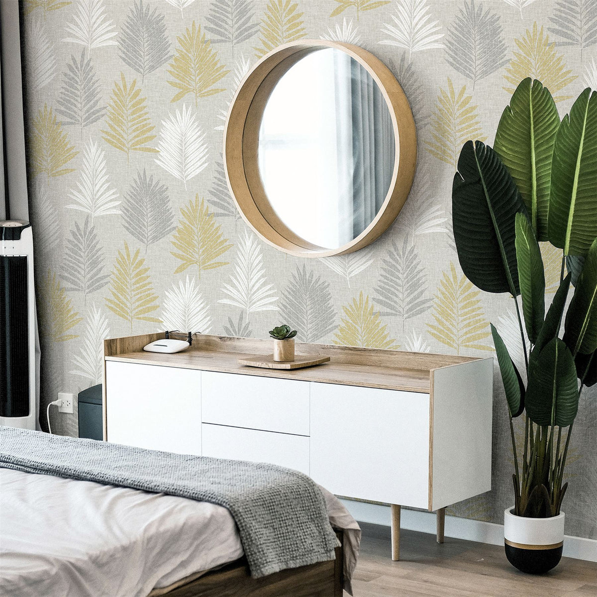 Arthouse Linen Palm Wallpaper, Ochre, Silver & Grey – Leaf Design on Linen Effect Background