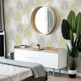 Arthouse Linen Palm Wallpaper, Ochre, Silver & Grey – Leaf Design on Linen Effect Background