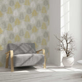Arthouse Linen Palm Wallpaper, Ochre, Silver & Grey – Leaf Design on Linen Effect Background