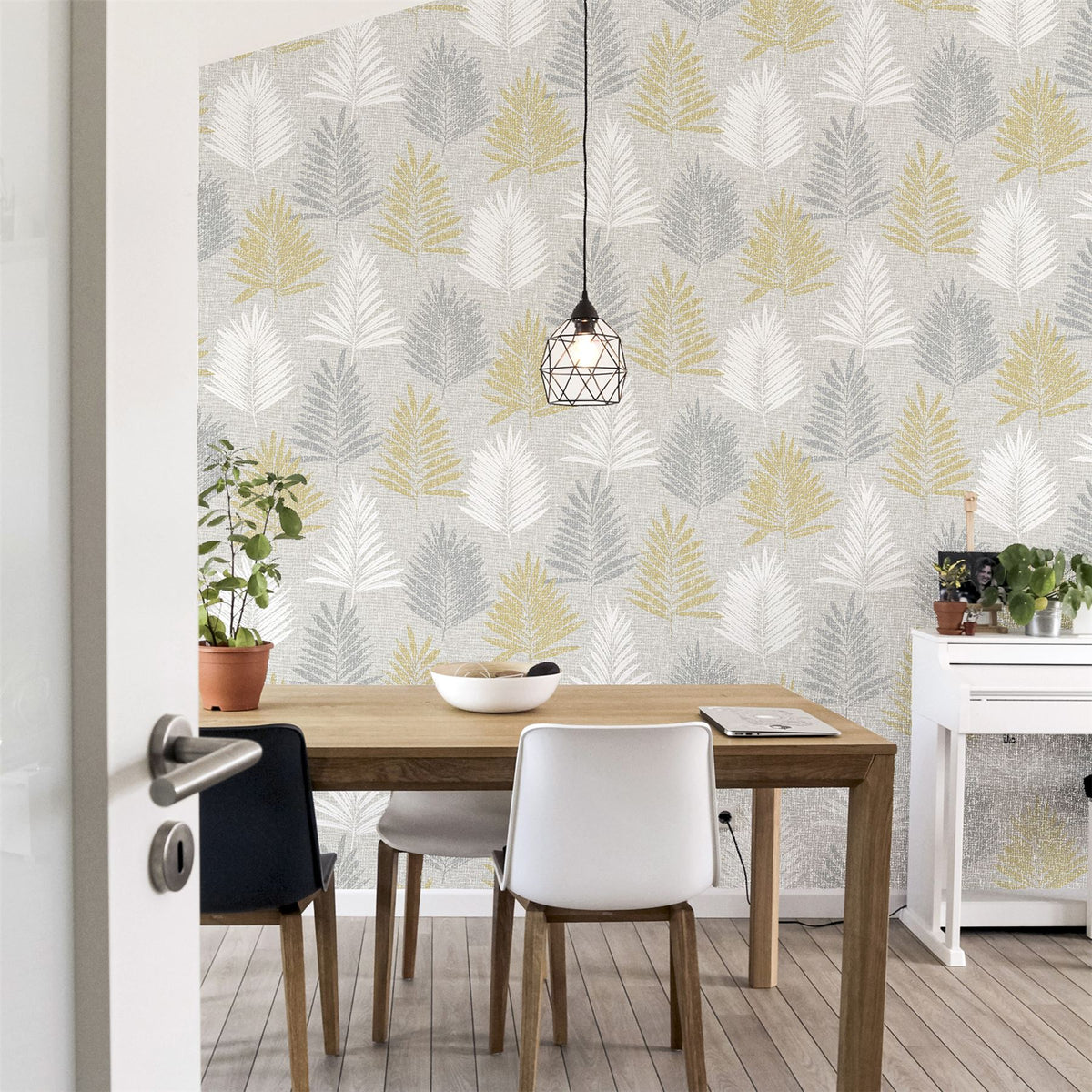 Arthouse Linen Palm Wallpaper, Ochre, Silver & Grey – Leaf Design on Linen Effect Background