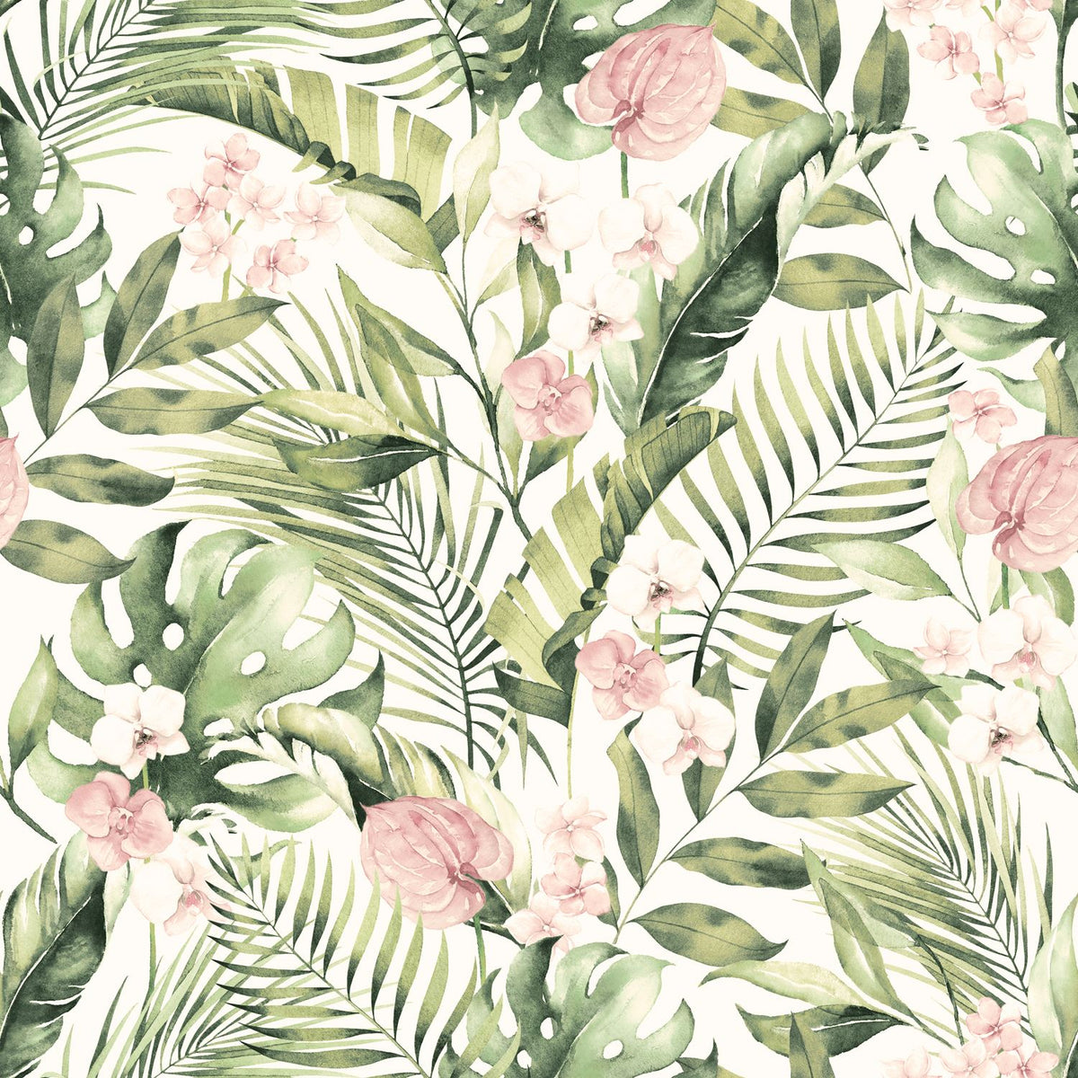 Arthouse Tropical Floral Wallpaper, Pink & Green on White – Exotic Foliage Design
