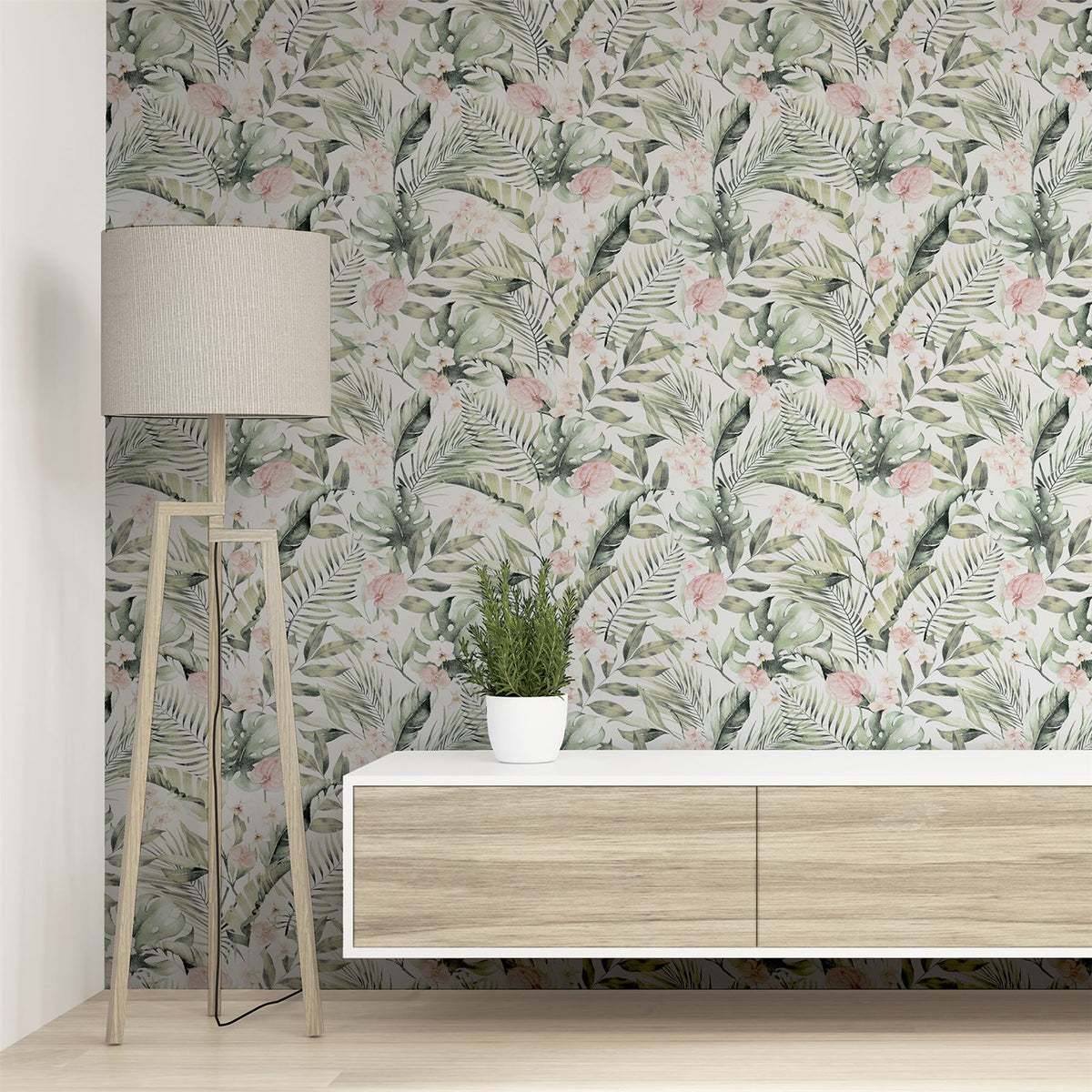 Arthouse Tropical Floral Wallpaper, Pink & Green on White – Exotic Foliage Design