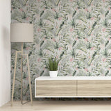 Arthouse Tropical Floral Wallpaper, Pink & Green on White – Exotic Foliage Design