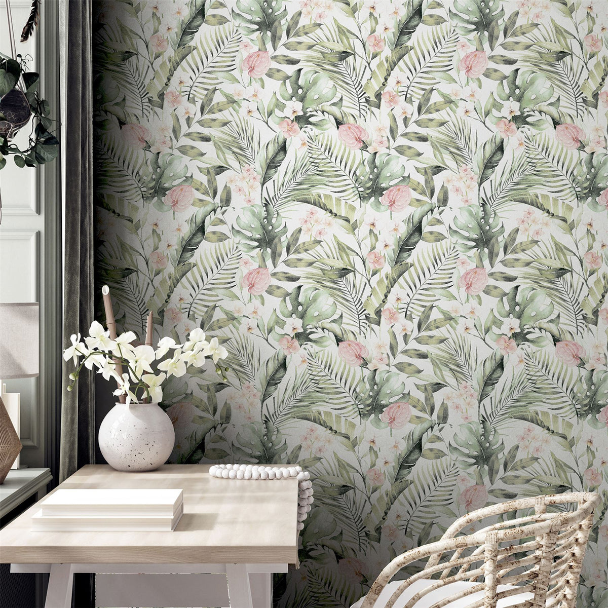 Arthouse Tropical Floral Wallpaper, Pink & Green on White – Exotic Foliage Design