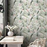 Arthouse Tropical Floral Wallpaper, Pink & Green on White – Exotic Foliage Design