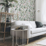 Arthouse Tropical Floral Wallpaper, Pink & Green on White – Exotic Foliage Design