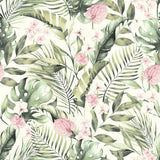 Arthouse Tropical Floral Wallpaper, Pink & Green on White – Exotic Foliage Design