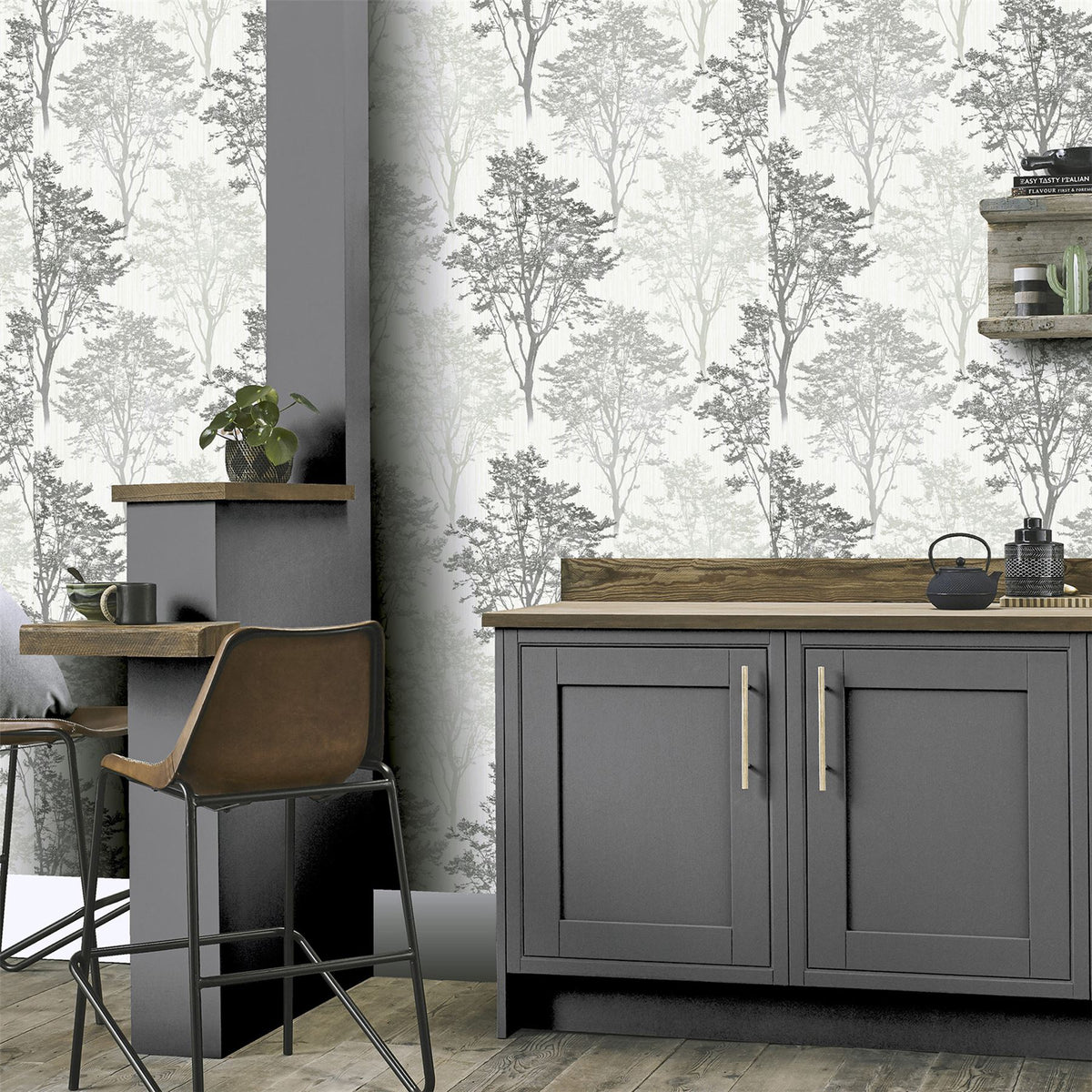 Arthouse Wildwood Wallpaper, Monochrome Glitter Woodland Design – Hardwearing Textured Vinyl