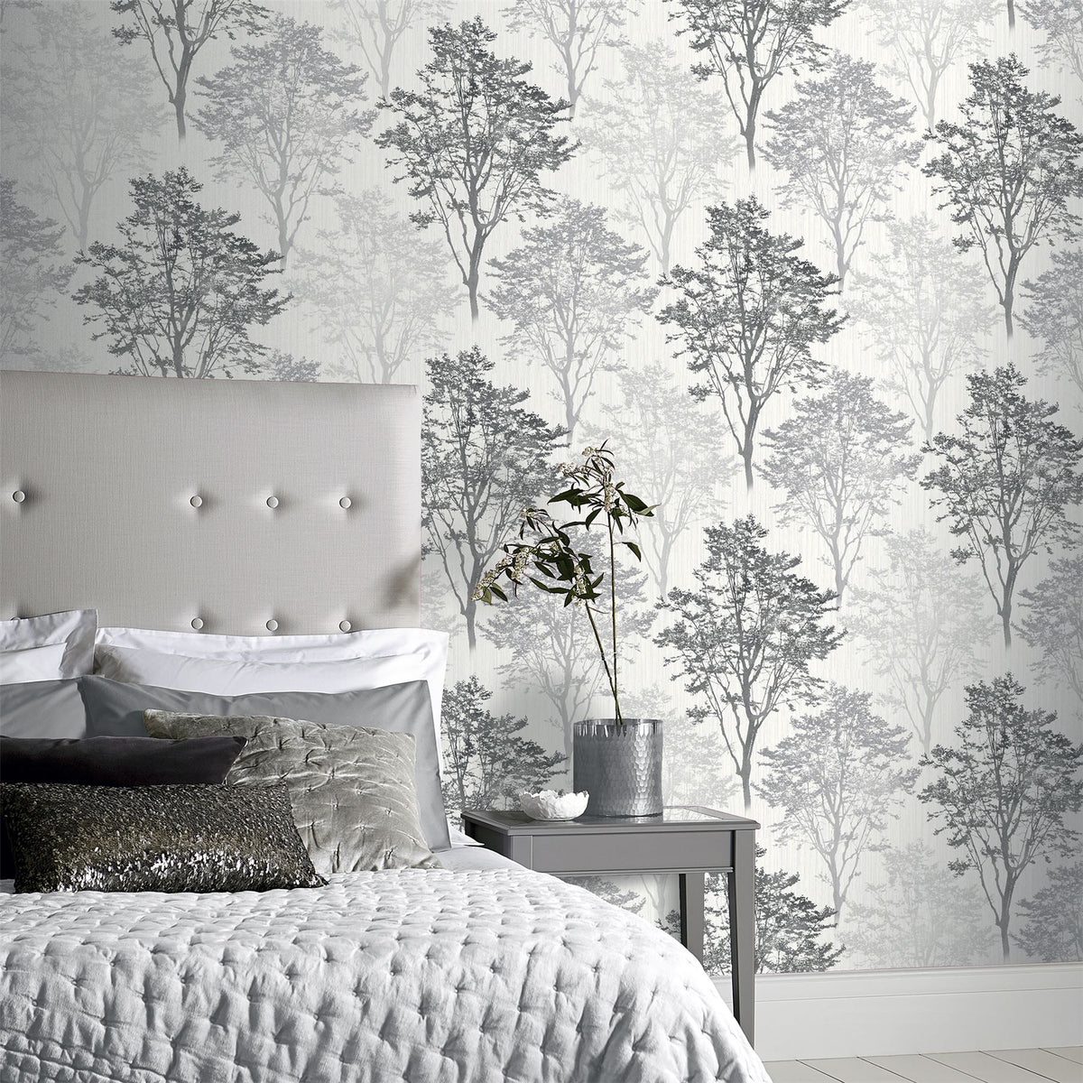 Arthouse Wildwood Wallpaper, Monochrome Glitter Woodland Design – Hardwearing Textured Vinyl